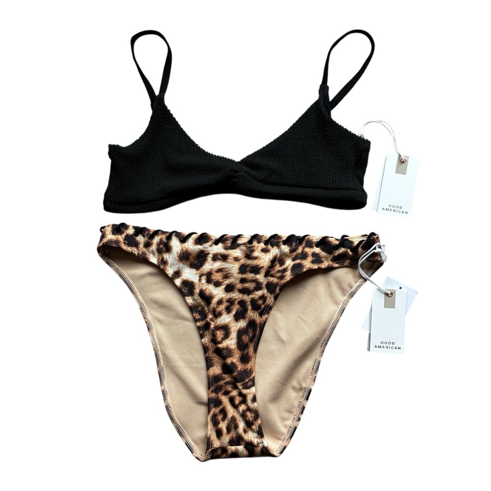 Good American Leopard Bikini Set M Twist Front Top Whipstitch Bottoms NWT - Picture 2 of 6
